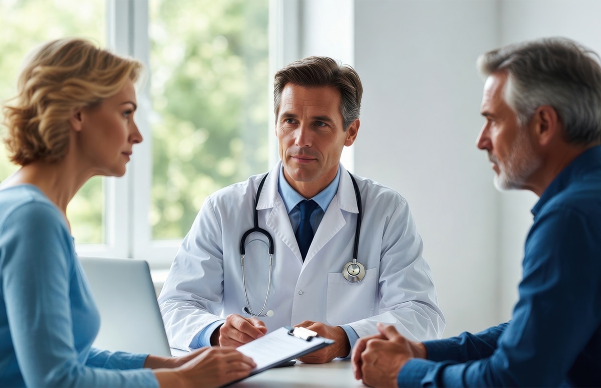 Consulta médica en un despacho luminoso, con un profesional sanitario revisando documentación junto a dos personas sentadas frente a la mesa