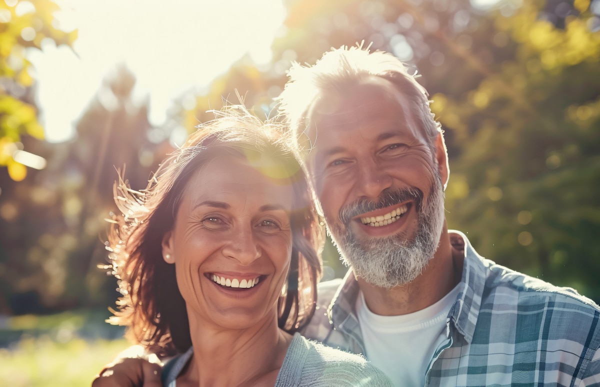 Pareja adulta posando al aire libre en un entorno natural, una imagen que representa la tranquilidad y la planificación financiera familiar asociadas a la contratación de un seguro de vida adaptado a cada etapa de la vida