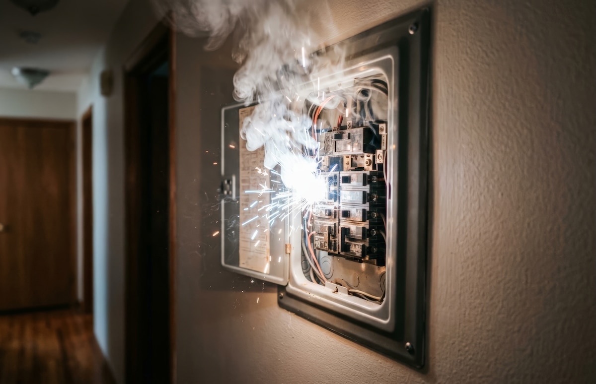 Cuadro eléctrico doméstico con chispas y emisión de humo provocadas por un fallo eléctrico, una situación de riesgo que puede derivar en daños materiales y estar cubierta por determinadas garantías del seguro de hogar