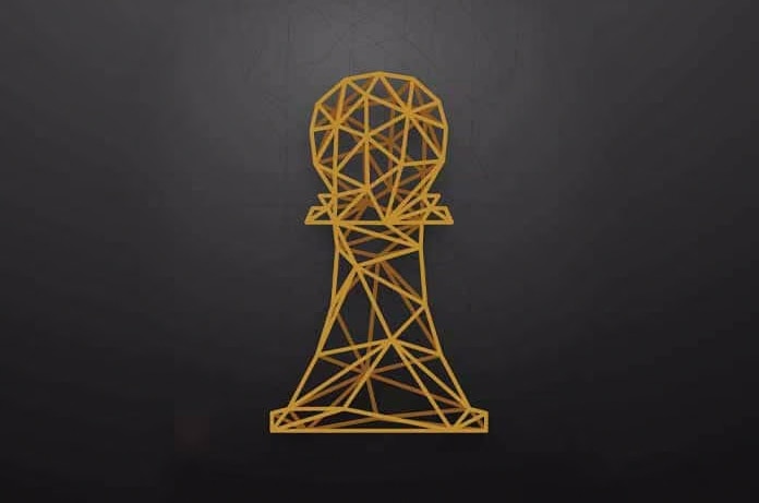 Estructura de un peón de ajedrez dorado sobre fondo negro