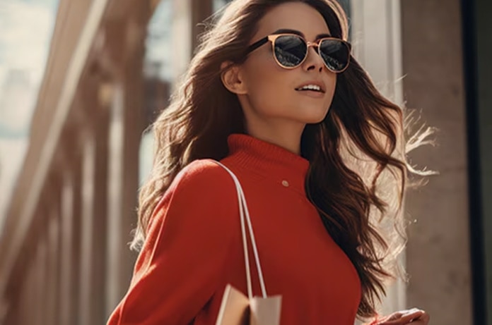 Persona caminando por una zona urbana con un jersey de color intenso y bolsas de compra colgadas del brazo