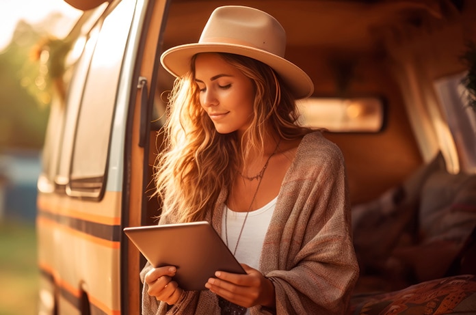 Joven disfrutando de un momento de calma junto a una furgoneta, sosteniendo una tablet mientras la luz cálida del atardecer ilumina la escena