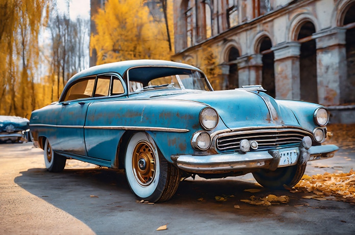 Coche clásico azul envejecido aparcado junto a un edificio antiguo, rodeado de hojas otoñales que resaltan su encanto vintage