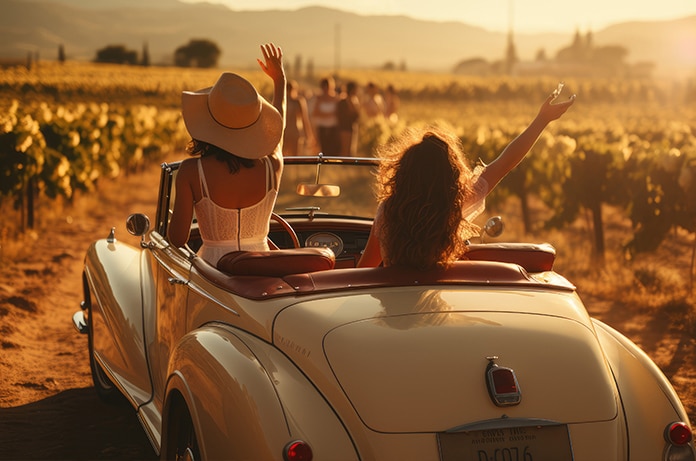 Dos mujeres jóvenes viajan en un coche descapotable clásico al atardecer, saludando entre viñedos iluminados por una cálida luz dorada