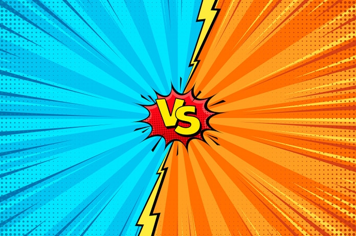 Ilustración estilo cómic con un fondo dividido en azul y naranja, destacando un explosivo “VS” en el centro