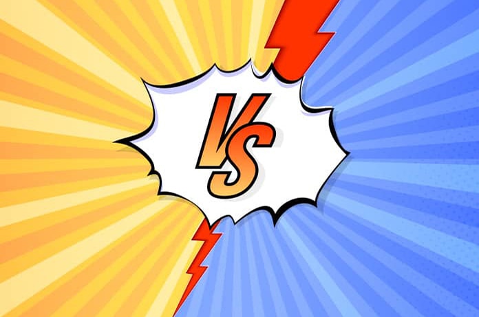 Ilustración estilo cómic que muestra un “VS” en el centro, dividido entre tonos amarillos y azules