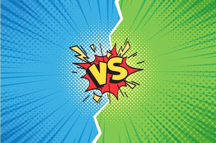 Ilustración estilo cómic dividida en azul y verde con un llamativo “VS” en el centro, simbolizando una comparación entre dos opciones