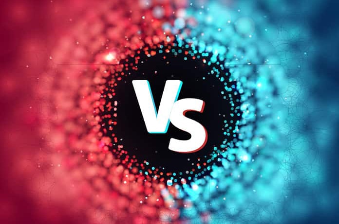 Composición abstracta en tonos rojo y azul con un “VS” en el centro, representando una comparación entre dos opciones
