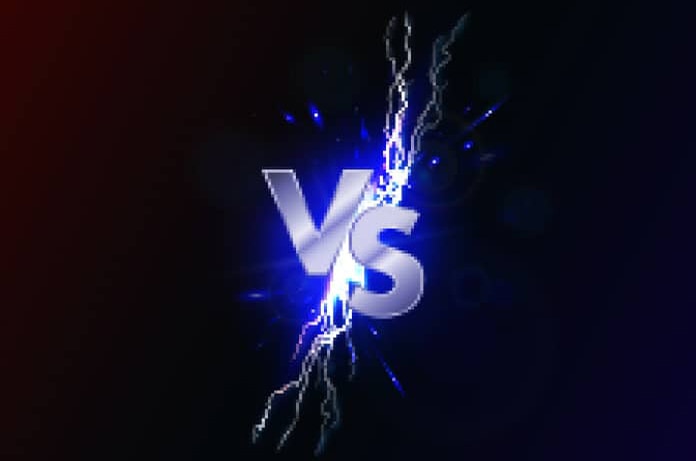 Efecto visual de un “VS” iluminado con destellos y rayos eléctricos, simbolizando un enfrentamiento o comparación entre dos opciones