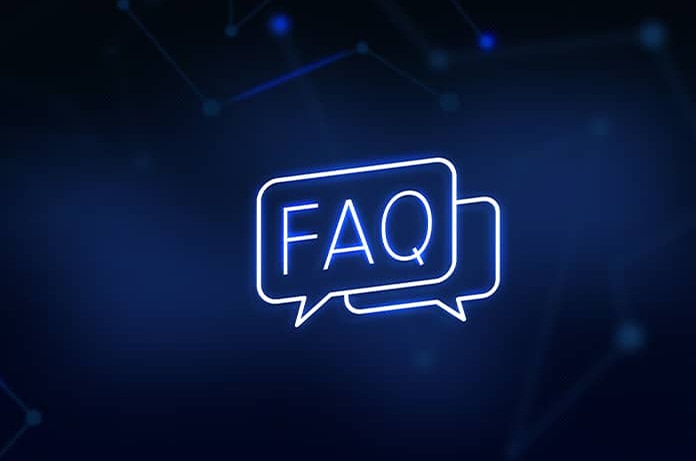 Icono luminoso de “FAQ” con estilo digital sobre un fondo azul oscuro tecnológico