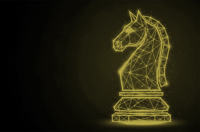 Figura digital del caballo de ajedrez formada por líneas y puntos luminosos en color amarillo sobre un fondo oscuro