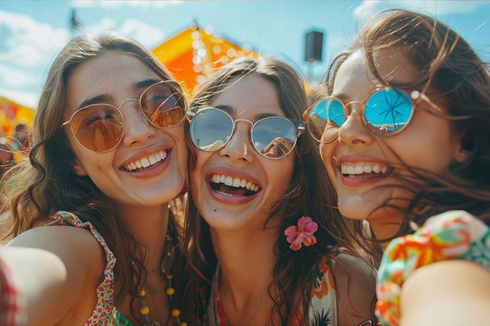 Chicas sonrientes en un festival