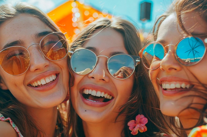 Grupo de personas reunidas en un entorno exterior iluminado, con accesorios coloridos y elementos decorativos visibles al fondo