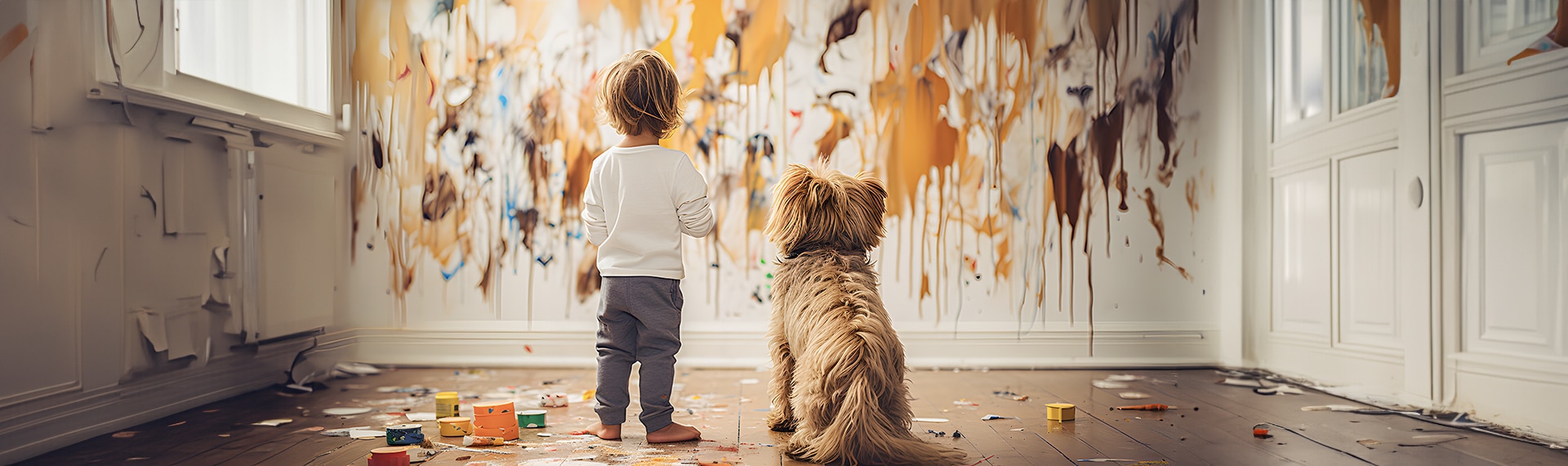 Niño y perro con la pared pintada