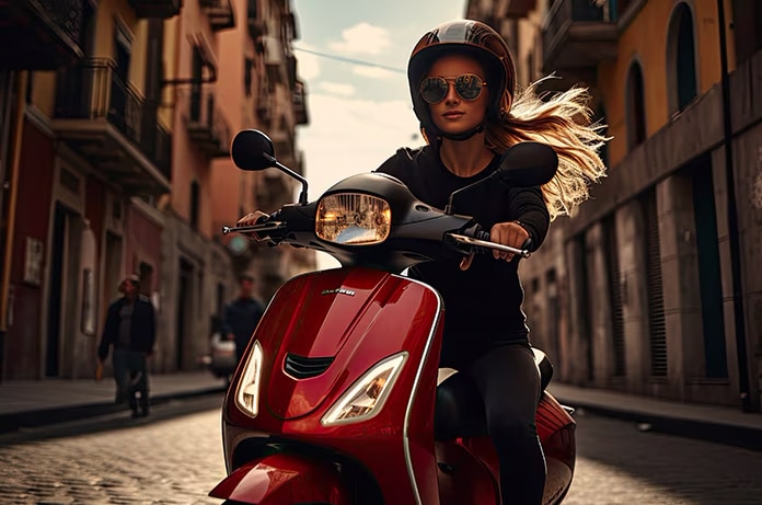 Persona conduciendo un ciclomotor rojo por una calle urbana