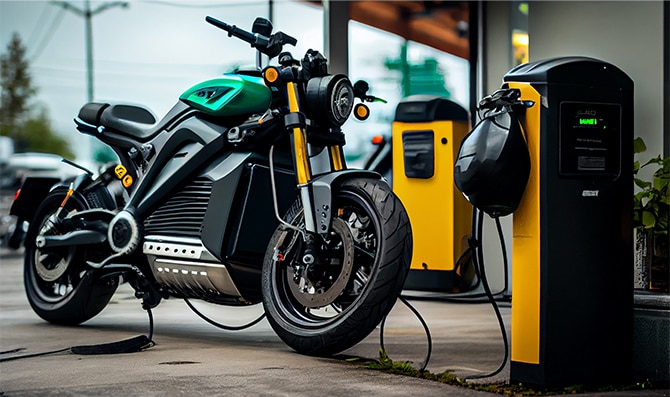 Motocicleta eléctrica recargándose en un puesto de carga de color amarillo y negro