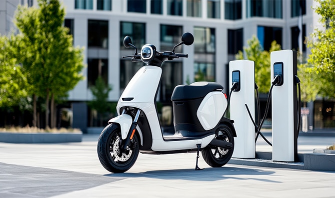 Motocicleta eléctrica de color claro estacionada en una plaza urbana moderna, conectada a un punto de recarga mediante cable, con edificios contemporáneos y árboles alineados visibles al fondo bajo luz natural diurna