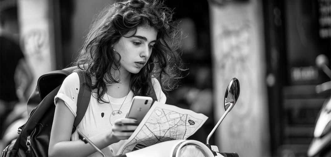 Persona consultando un mapa de papel y un teléfono móvil mientras está sentada sobre un ciclomotor en una calle concurrida