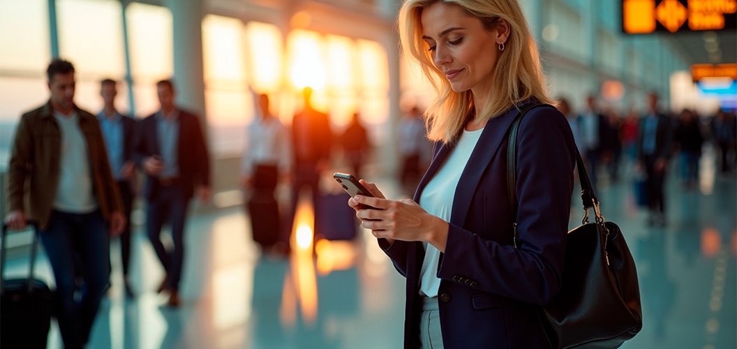 Persona consultando un teléfono móvil mientras camina por un aeropuerto iluminado por la luz del atardecer