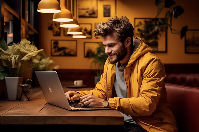 Persona utilizando un ordenador portátil en el interior de un local con luz cálida y decoración en madera
